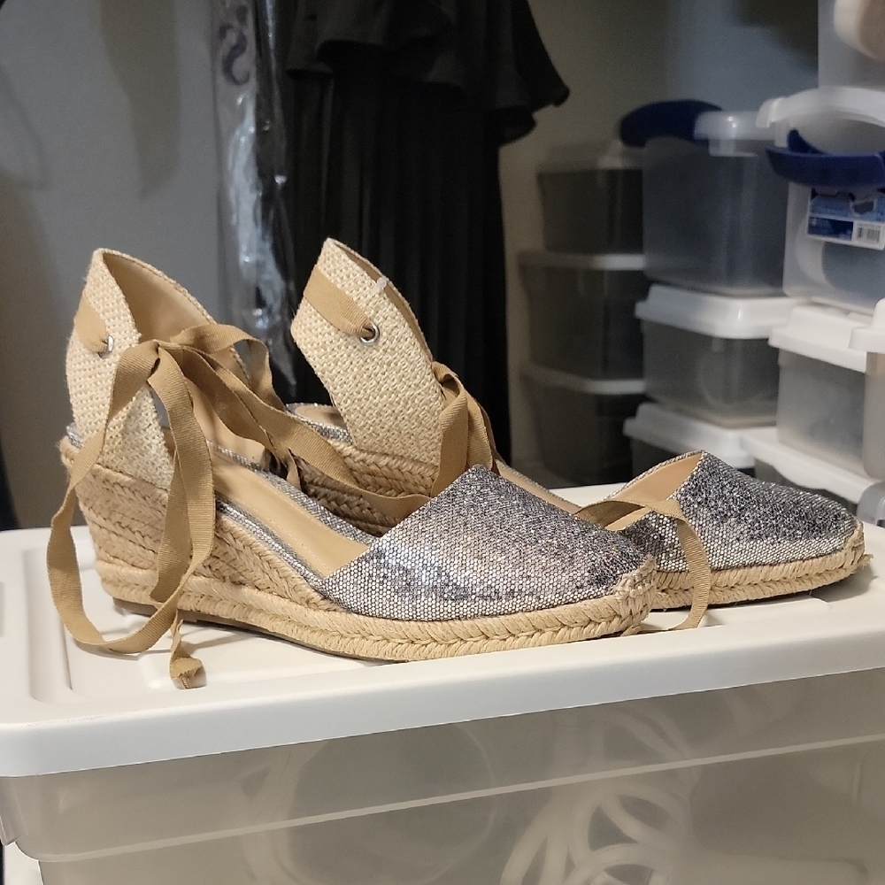 SCHUTZ Silver Shimmer Espadrille Wedges